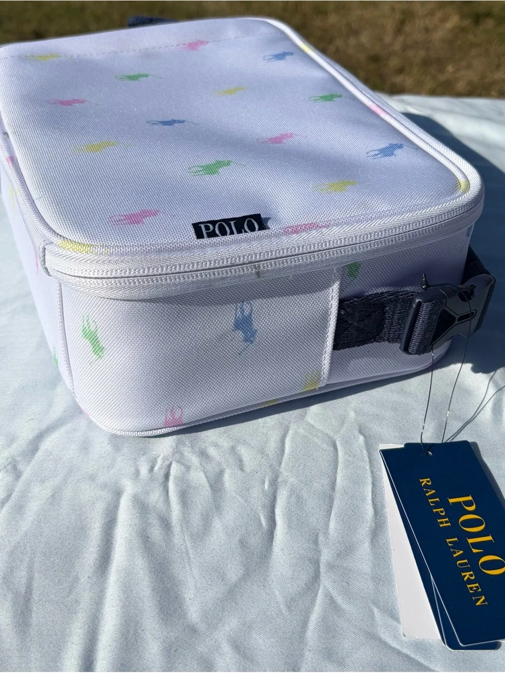Polo by Ralph Lauren White Kids Lunch Tote Navy Strap and Pastel Pony Print